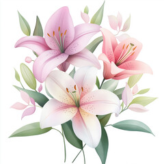 Fototapeta premium Watercolor botanical illustration of lilies, dense arrangement, high resolution on white background