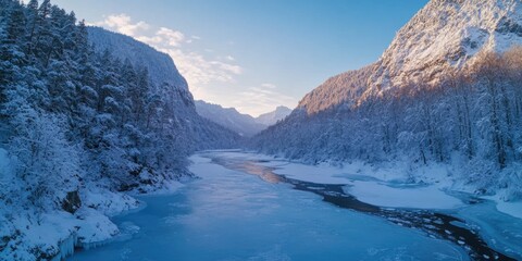 Snowy mountain landscape with a river flowing through it. The river is surrounded by dense forest and the frozen shoreline shows signs of winter.