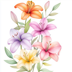 Fototapeta premium Watercolor botanical illustration of lilies, dense arrangement, high resolution on white background