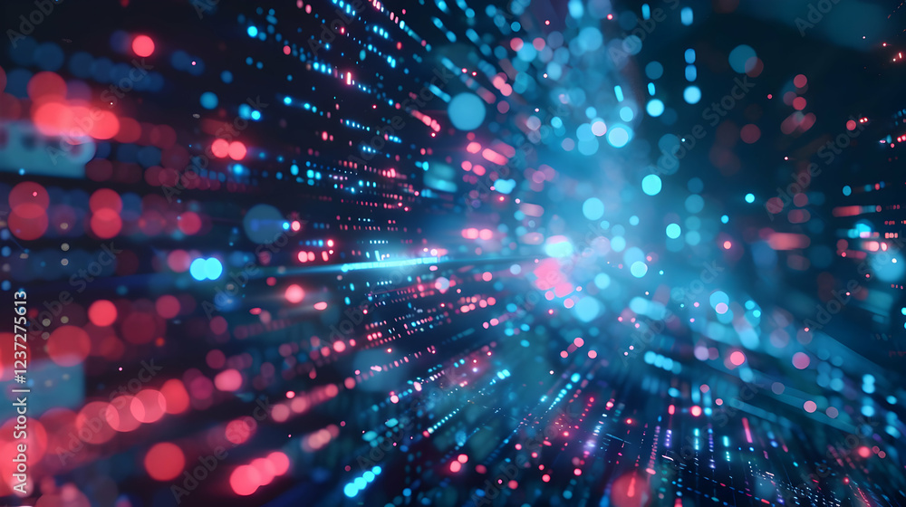 Aufkleber abstract digital visualization with vibrant blue and red light particles creating a dynamic effect.