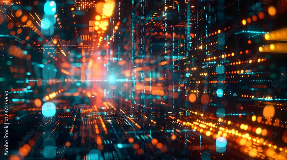 Aufkleber a vibrant digital landscape with glowing data streams and abstract light patterns.