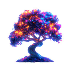 Radiant Cybernetic Tree with Glowing Neon Leaves Isolated on Transparent Background
