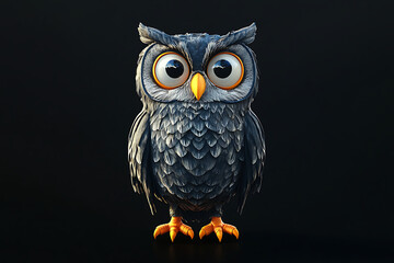 Obraz premium owl on a black background, owl on a blank black background, a owl, owl, cute owl, black background, copy space for add text, 3d rendering, 3d, vector, AI generative
