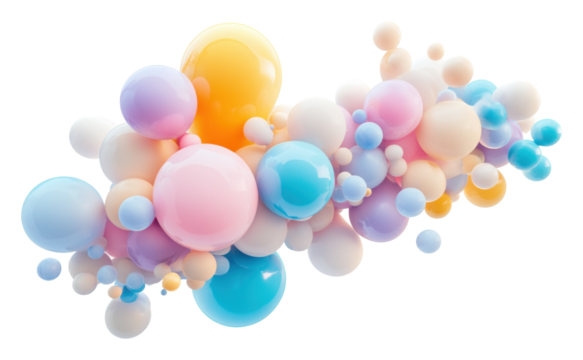 Colorful cluster of floating sphere shapes isolated on transparent background