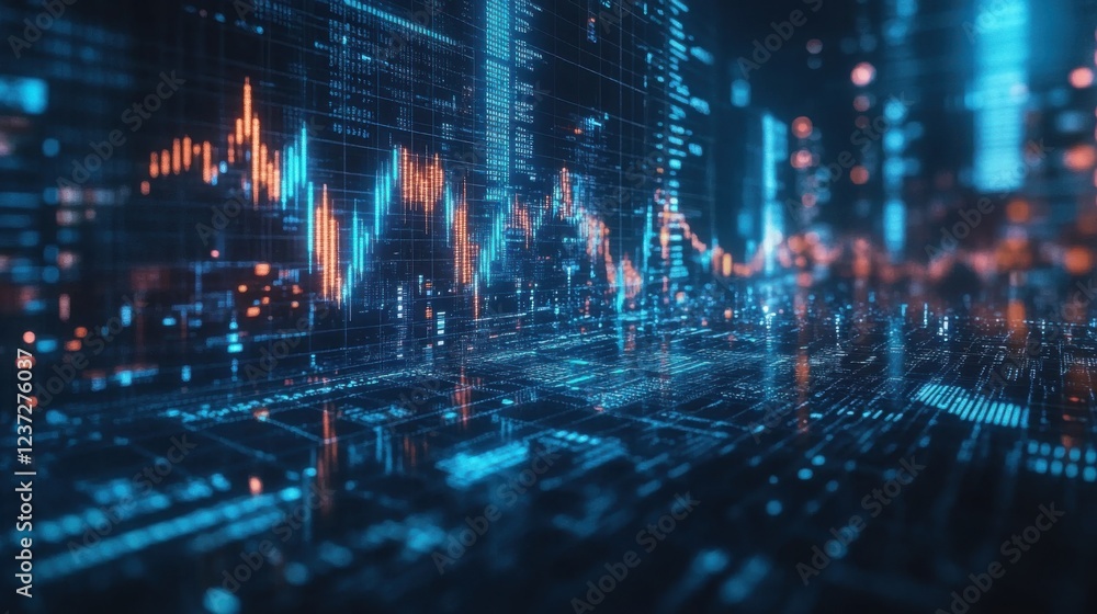Poster digital financial market analysis with graphical data visualization showing trends and patterns