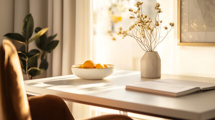 Sunlit workspace with a bowl of citrus fruit, dried flowers, and a book.
