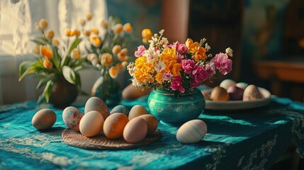 A charming Easter table setting with vibrant colors and festive floral decorations.