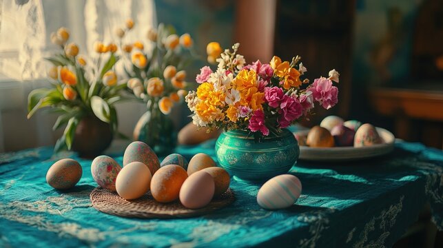 A charming Easter table setting with vibrant colors and festive floral decorations.