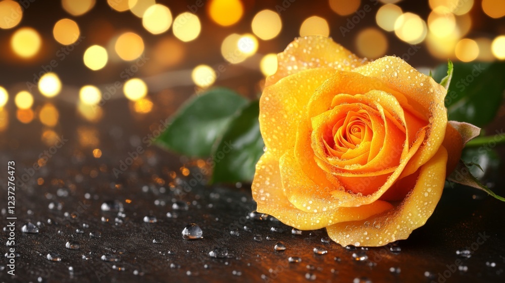 Poster macro shot of a vibrant orange rose with water droplets, with soft bokeh lights in the background ad