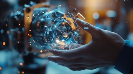 Engineer is holding a futuristic digital sphere with data and information, showcasing innovative production technologies in a modern industrial environment