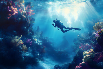 Fototapeta premium Diver in a ocean, Scuba diver, diver in a sea, ocean diver, coral reef, underwater world, sea life, diving sport, underwater explorer 