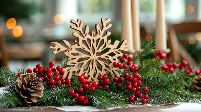 Festive holiday table centerpiece with pine, berries, and a snowflake decoration creating a warm and cheerful atmosphere