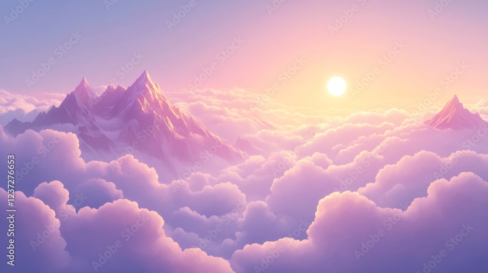 Poster Misty mountains bathed in the soft glow of dawn light, with clouds hovering above, creating a calm and hopeful New Year's Day scene