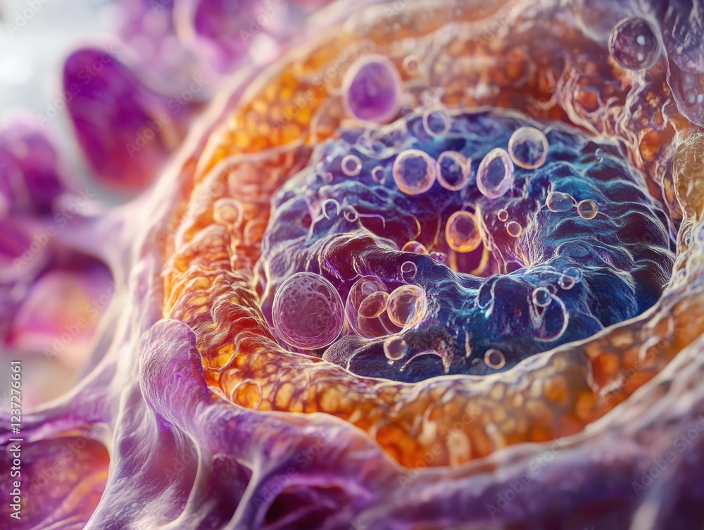 Fototapete a colorful, abstract image of a cell with many bubbles surrounding it. the bubbles are of different 