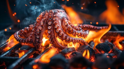 Octopus cooking over hot coals, with visible grill marks and glowing embers creating a rustic and authentic street food vibe
