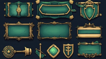 Vintage fantasy frames and shields: detailed ornamental design elements in green and gold