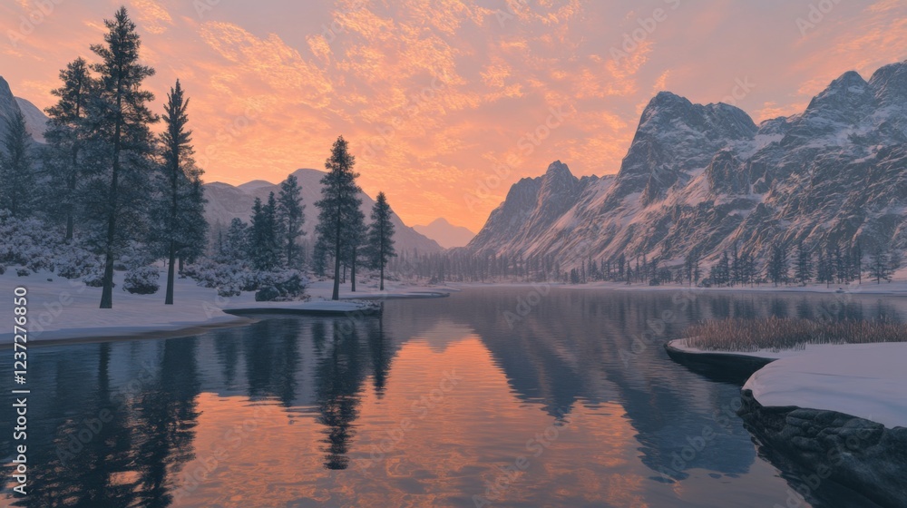 Poster scenic sunrise over a lake with reflections of mountains and trees, creating a tranquil new years da