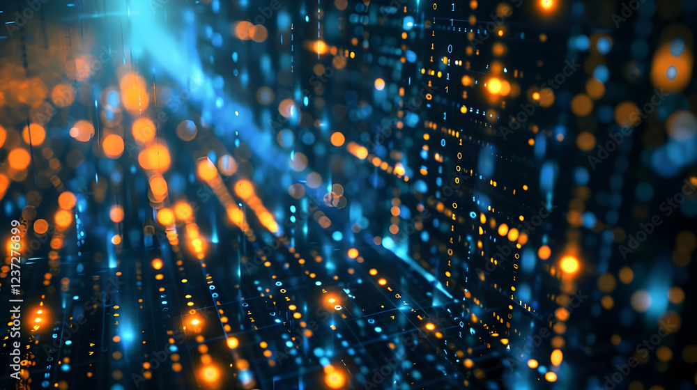 Poster abstract digital background with glowing particles and lines representing technology and data.