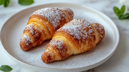 Freshly baked croissants on a plate with powdered sugar, close-up, flaky and golden brown