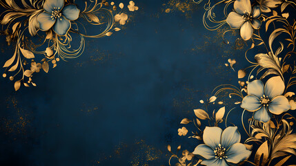 Floral explosion on a dark blue background with intricate gold filigree, floral patterns, gold accents, sophisticated, vintage style. Floral Explosion. Illustration