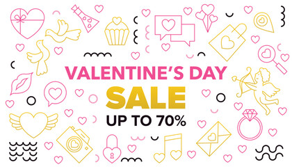 Happy Valentines Day Sale Line Banner. Vector Illustration of Outline and Contour Style. Love Romance. Seasonal Greetings. Discount Up to 70 percent Promotion. Heart Linear Objects.