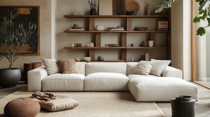 Cozy modern living room with minimalist decor and neutral tones