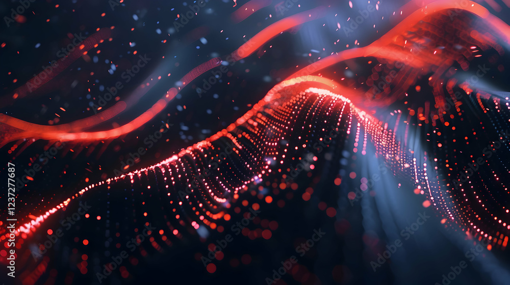 Poster abstract visualization of flowing waves with red and blue particles.