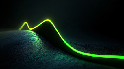 A glowing neon green wave of light curves over a dark textured surface creating a futuristic abstract design with smooth flowing movement

