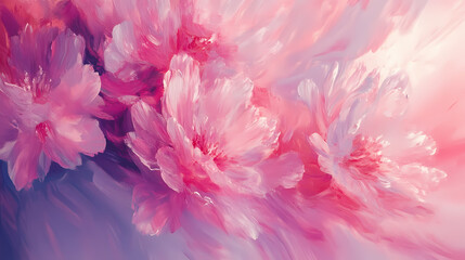 Fototapeta premium Pastel pink floral explosion, abstract summer flowers, canvas oil painting, soft and dreamy texture, soft light glowing around the flowers, impressionist technique. Floral Explosion. Illustration