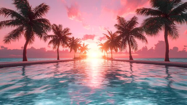 Vivid tropical sunset reflecting on a calm pool lined with palm trees and glowing pink skies. Peaceful and exotic concept
