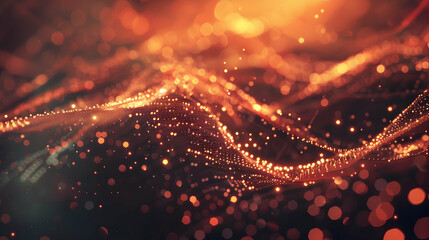Abstract visualization of glowing particles and waves in warm tones.