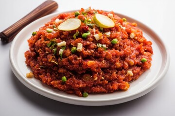 A vibrant and flavorful vegetarian dish from Indian cuisine, with a mix of red peppers, peanuts, garlic, ginger, cilantro, and peas.
