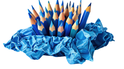 Blue colored pencils rising from crumpled paper on transparent background