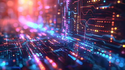 Abstract digital circuitry with vibrant lights and colors, representing technology and data flow.