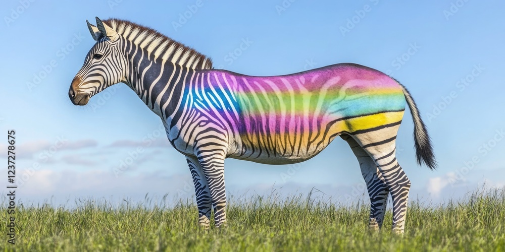 Poster a zebra with rainbow stripes is standing in a field. the zebra is painted with a rainbow pattern, wh