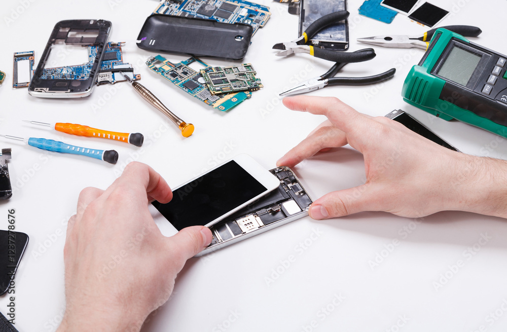 Poster electronics repair service. repairman disassembling smartphone for inspecting. technician fixing bro