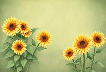 Fototapeta premium Charming Floral Photography Backdrop Featuring Sunflowers and Vintage Green Wall for Maternity and Wedding Celebrations