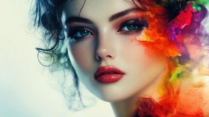 Obraz premium Colorful artistic portrait of young woman with vibrant makeup and abstract design