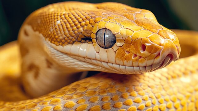 Close-up of a yellow and brown ball python snake with striking eyes.