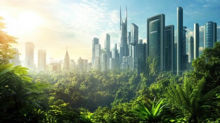 Portray the intersection of nature and technology with a futuristic city skyline against a backdrop of lush greenery, Future city and nature scene, Futuristic style