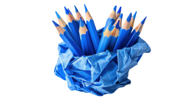 Blue colored pencils emerging from crumpled paper on transparent background