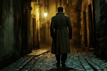 A noir thriller scene set in an urban alley at night. A detective is shown from behind, looking intently into the darkness.