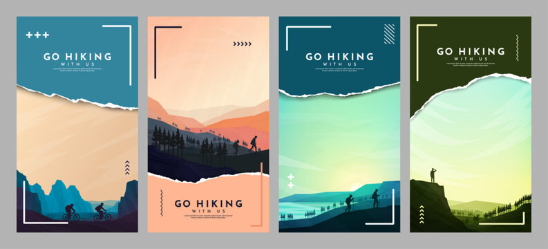 Vector illustration. Travel concept of discovering, exploring and observing nature. Adventure tourism background with tear paper overlay and memphis pattern geometric elements. Flat style landscape