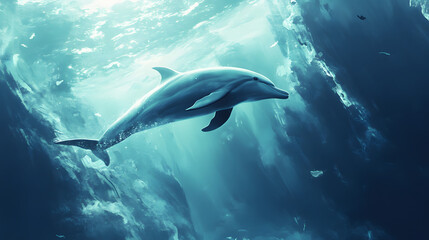 Fototapeta premium Dolphin in water illustration, dolphin in ocean, dolphin in sea, ocean life, ocean animals, sea animals, dolphin art, dolphin illustration, ocean wildlife, sea life, underwater world 