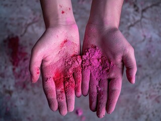 Hands holding pink powder, possibly for a festival or celebration. Vibrant and creative artistic expression.