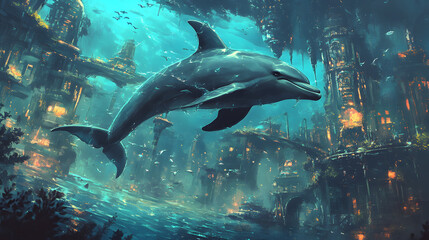 Fototapeta premium Dolphin in water illustration, dolphin in ocean, dolphin in sea, ocean life, ocean animals, sea animals, dolphin art, dolphin illustration, ocean wildlife, sea life, underwater world 