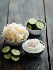 Three bowls of food on a wooden table, one of which contains cucumbers. The other two bowls contain different types of food