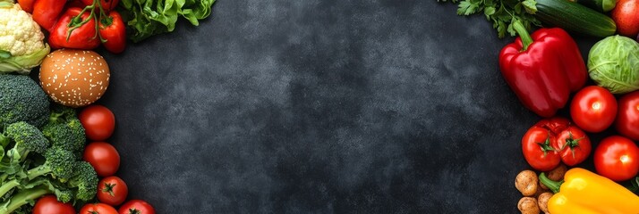 Fresh vegetables and bun border on dark background.