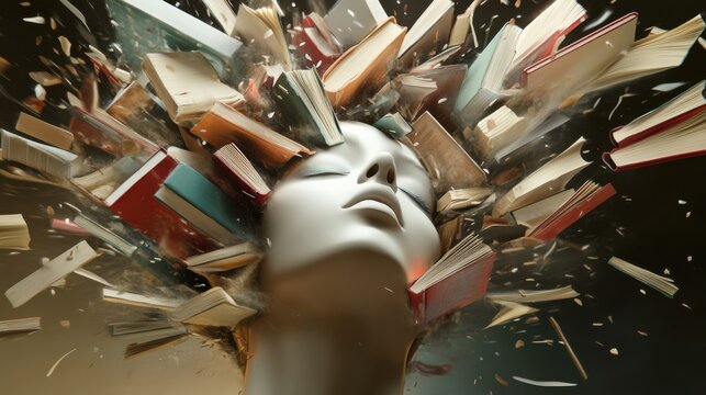 Portray the power of learning with books bursting from a portrait's mind, Books from head scene, Conceptual style