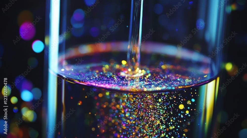 Poster pouring transparent liquid into a glass filled with colorful glitter particles, creating a mesmerizi